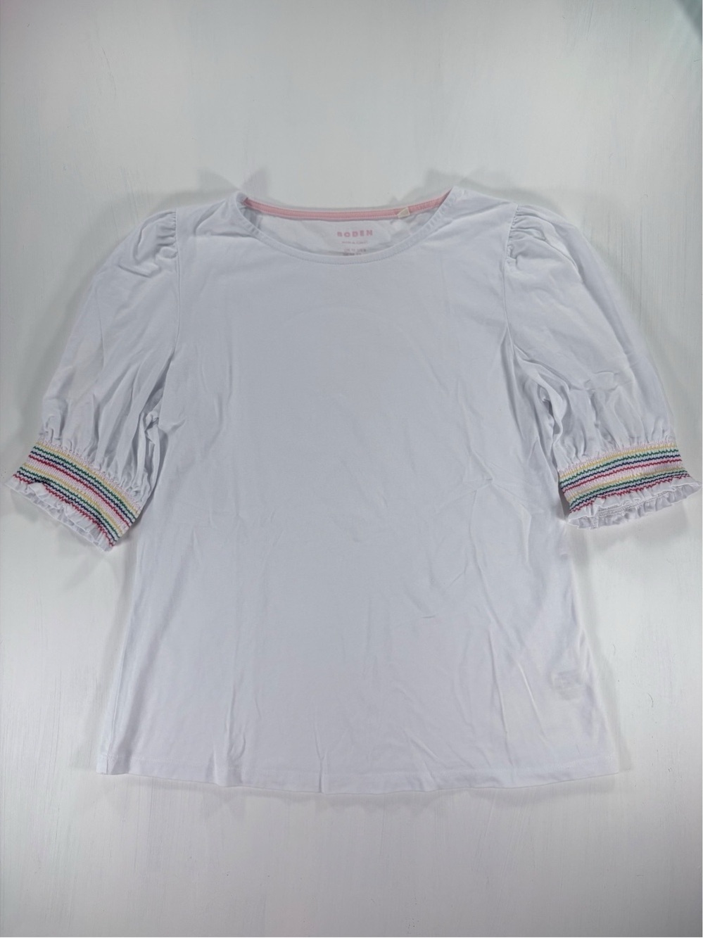Boden White Puff Sleeve Rainbow Smocked Cuff Tee